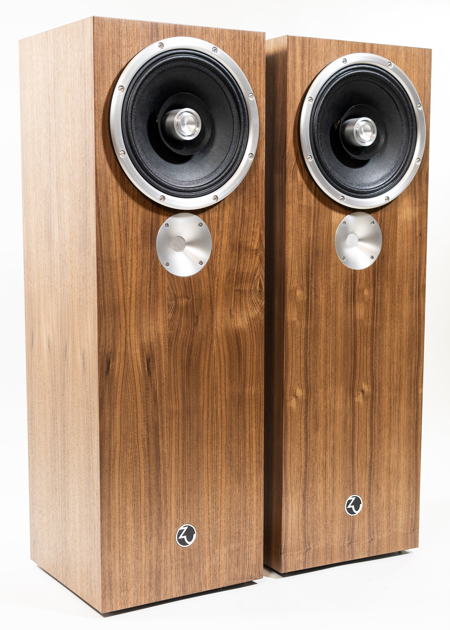Isometric view photo of Zu DW-6 speakers finished in American walnut and silver trim - matched pair.