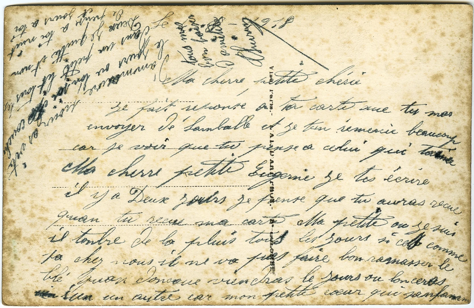 French postcard, 1918 "My beloved, I am responding to your postcard you sent me from Lamballe and I thank you so much since I see that you think of this one who loves you. "