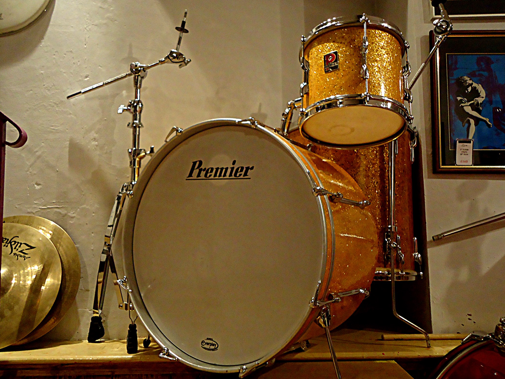  My favorite kit at the Drum Vault; a gold sparkle three piece jazz kit. 