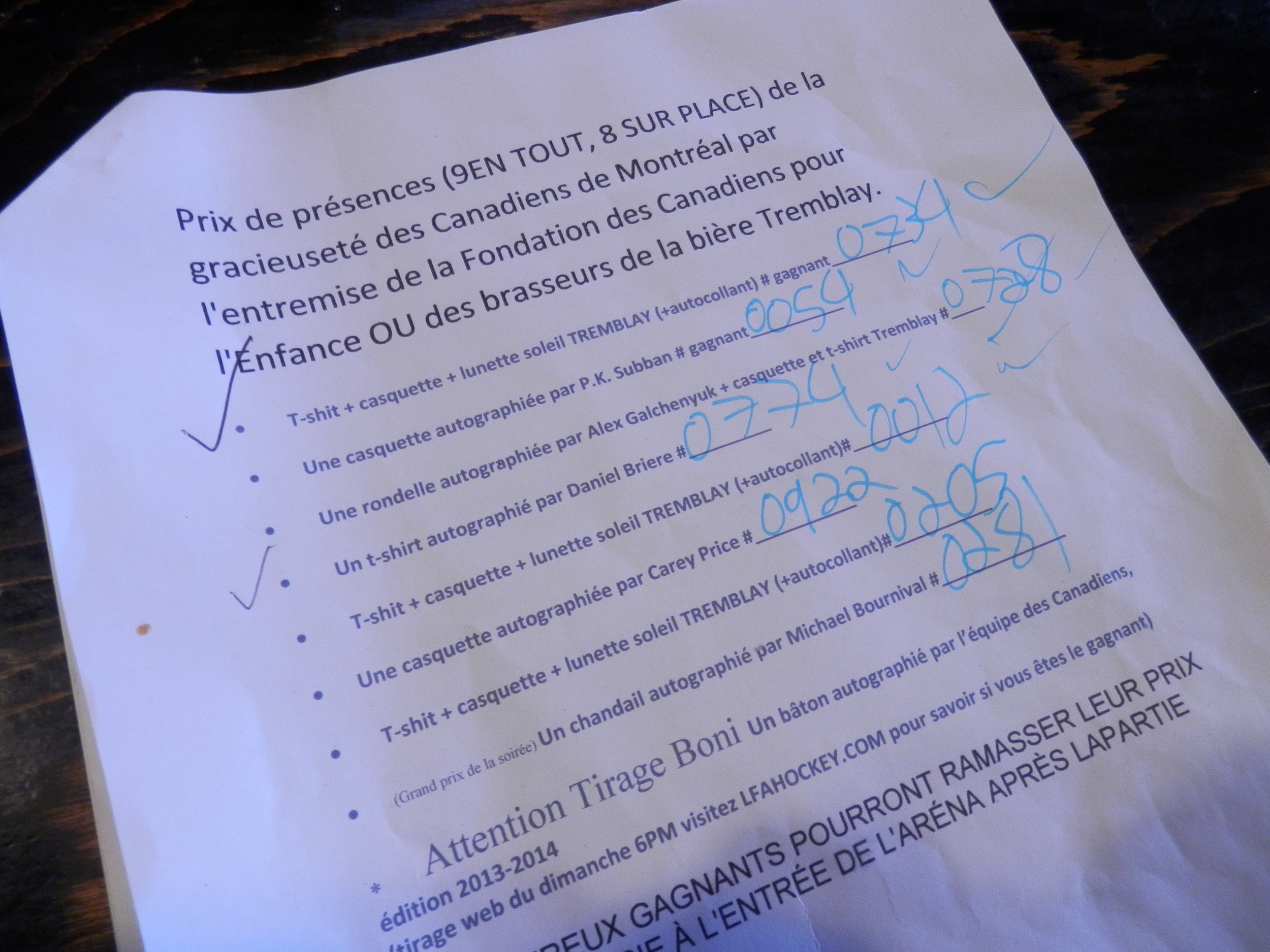 Numéros gagnants des prix de présence de notre événement de samedi dernier.
