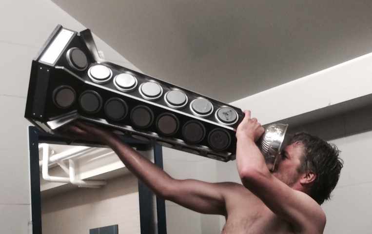 Laurent "Larry" Quesnel from the Shamrocks drinking the tastiest Tremblay beer of his life! (Photo by Paul Rosa)