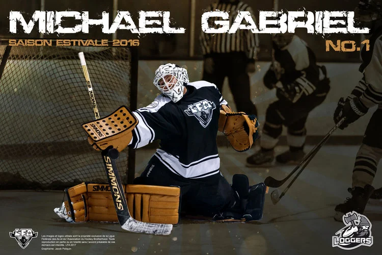 Tiré d'une série d'affiches créée par Jacob Poliquin des Barbares. Ces dernières ont faites jaser recently , voici celle de Mike #30 Gabriel à l'époque où il s'enlignait with the Loggers. Players who have ad the chance to play with him, love is winning attitude et sa préparation pour chaque match. Un great teammate all aroud.