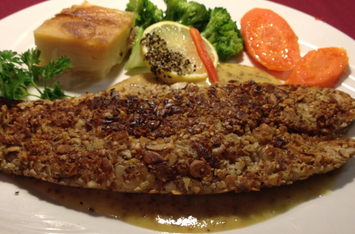 Almond Crusted Sole Fillet with Warm Honey-Mustard Sauce