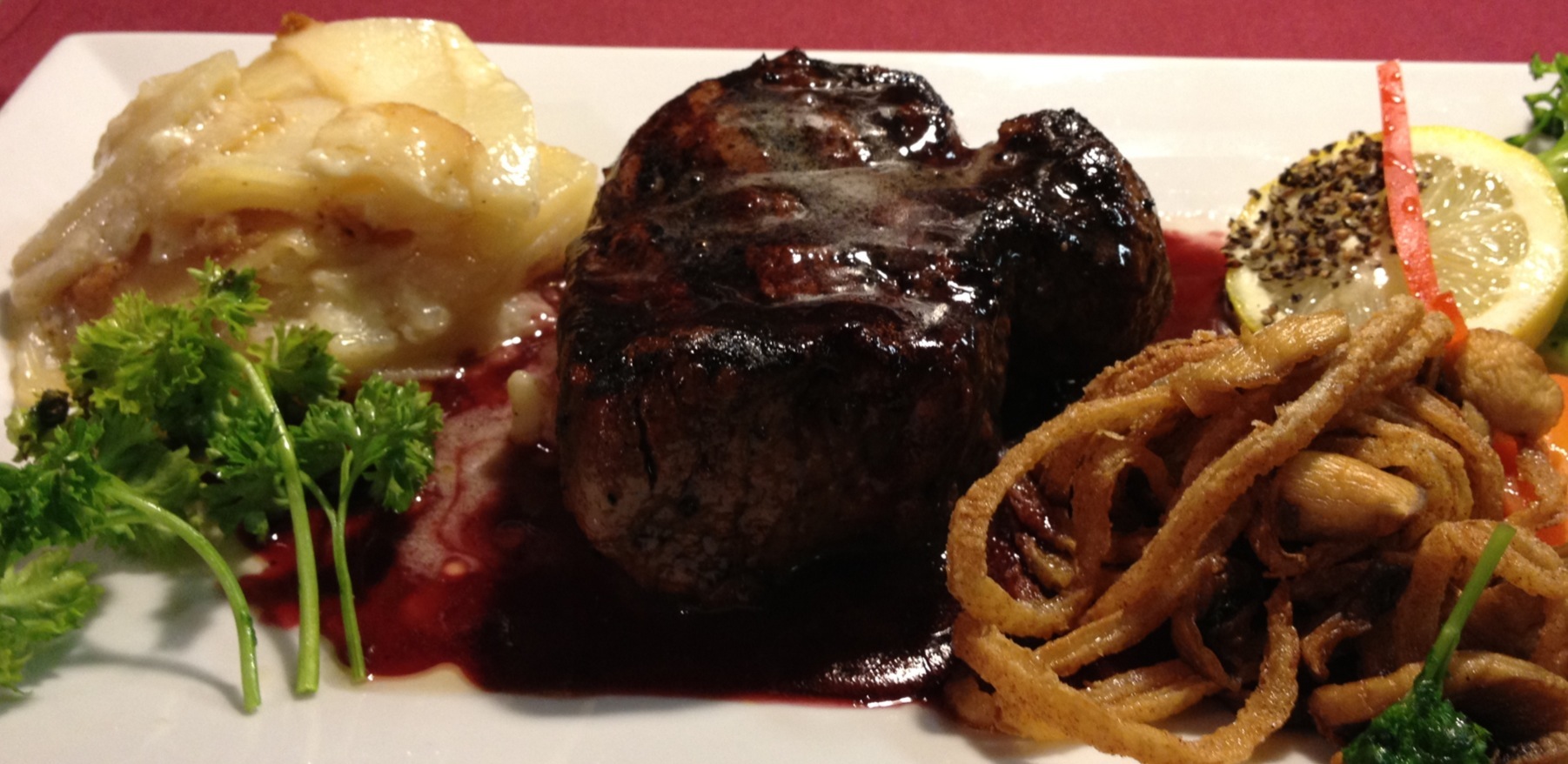 Grilled Mignon(9oz.) with Merlot Wine Reduction, Sizzled Mushrooms-Onions...Whipped Potatoes