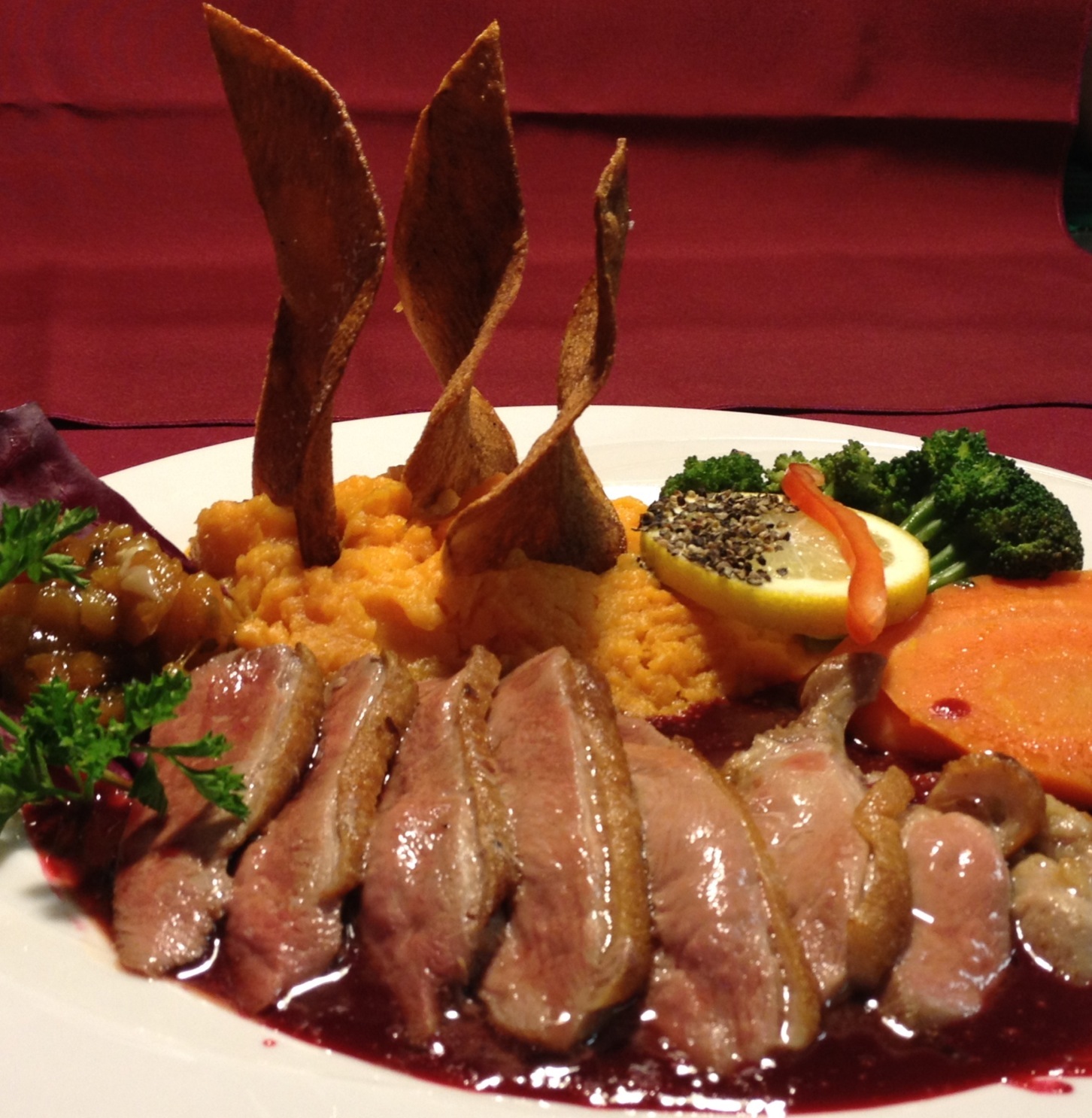 Pan-Seared Duck Breast with Port Wine-Raspberry Sauce, Mashed Sweet Potatoes  