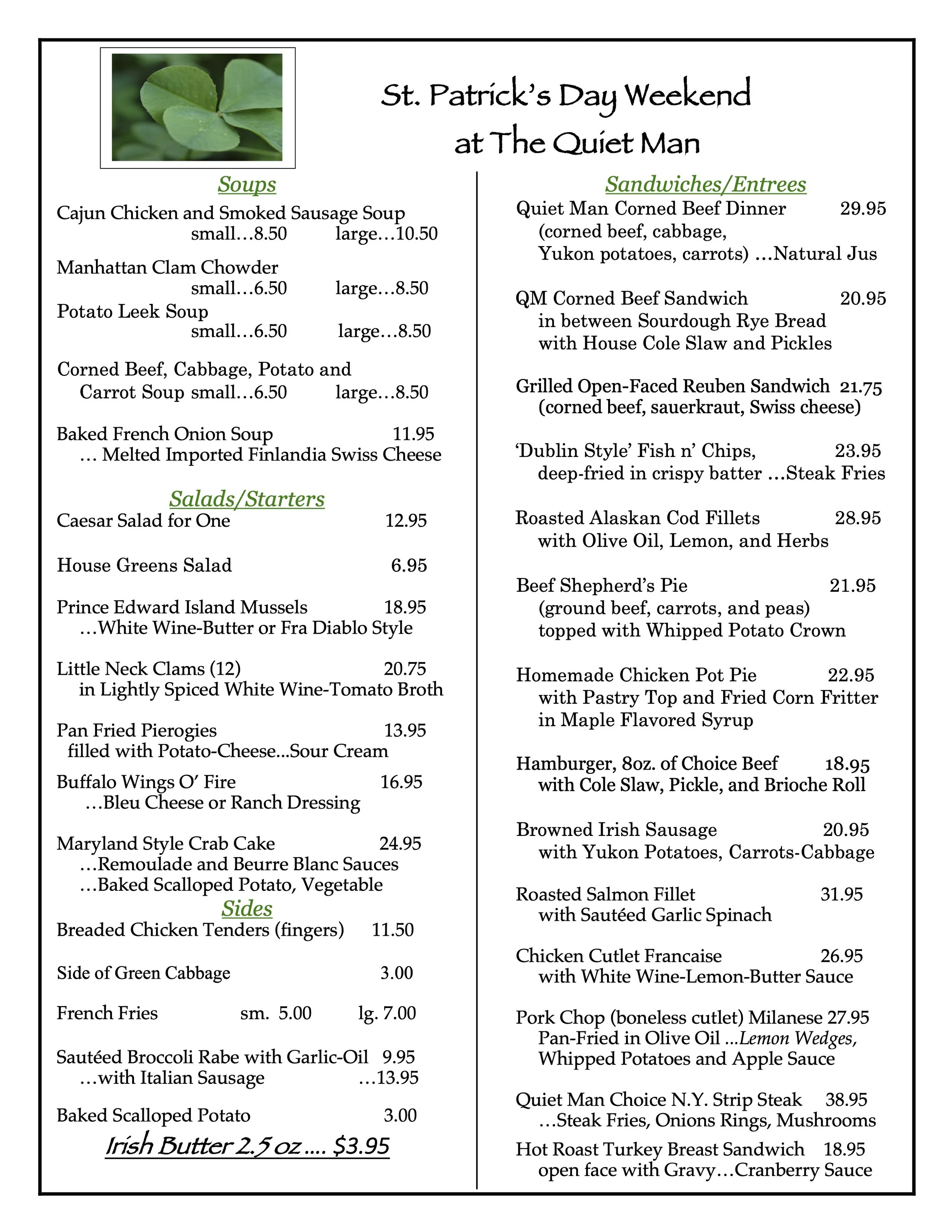 St Patrick's Menu
