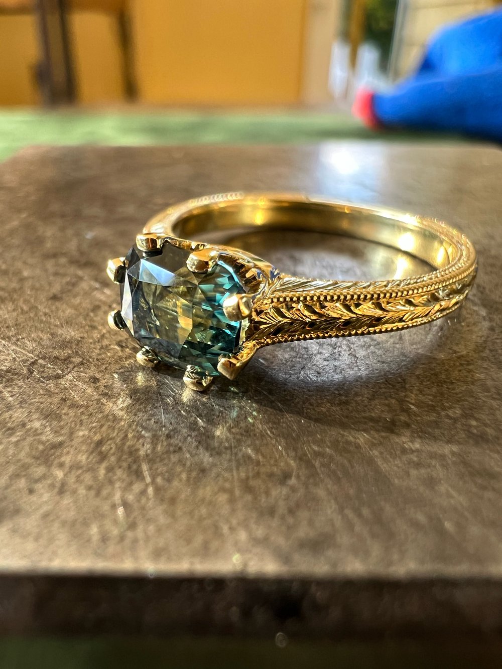 ik wil Honger wolf Cushion Cut Green Sapphire & Engraved 18k Gold Williams Ring — Quercus  Raleigh Custom Engagement Rings