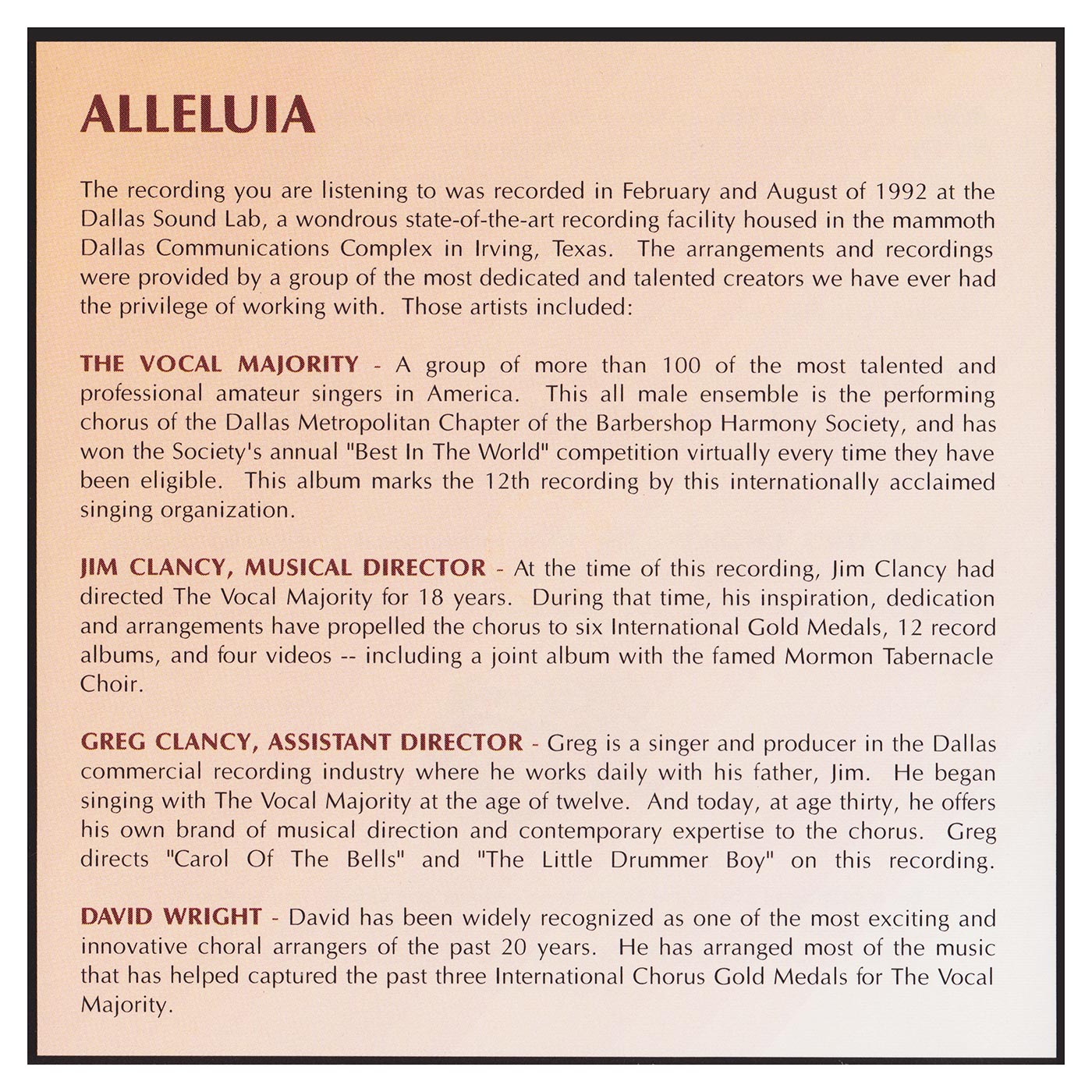 Back Panel: Alleluia