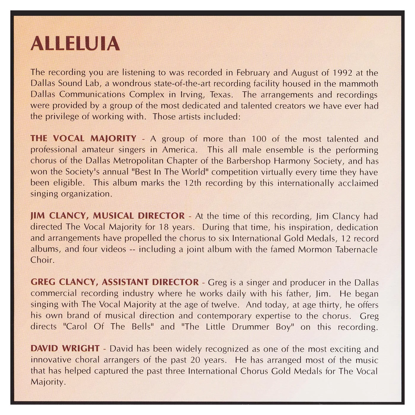 Back Panel: Alleluia