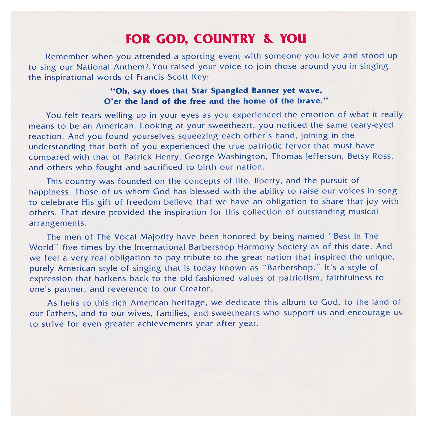 Booklet Inside Left Panel: For God, Country, and You