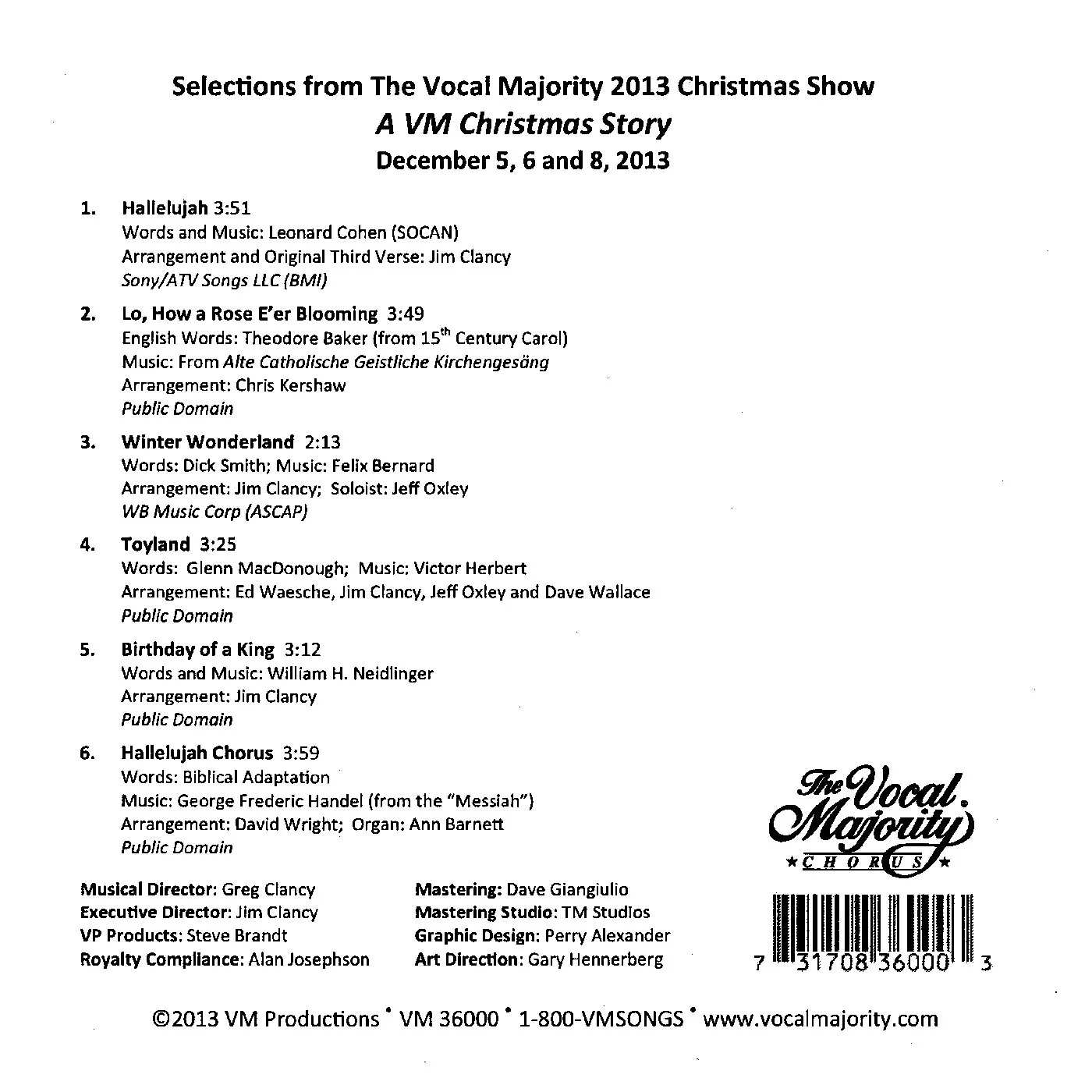 Song List: A VM Christmas Story