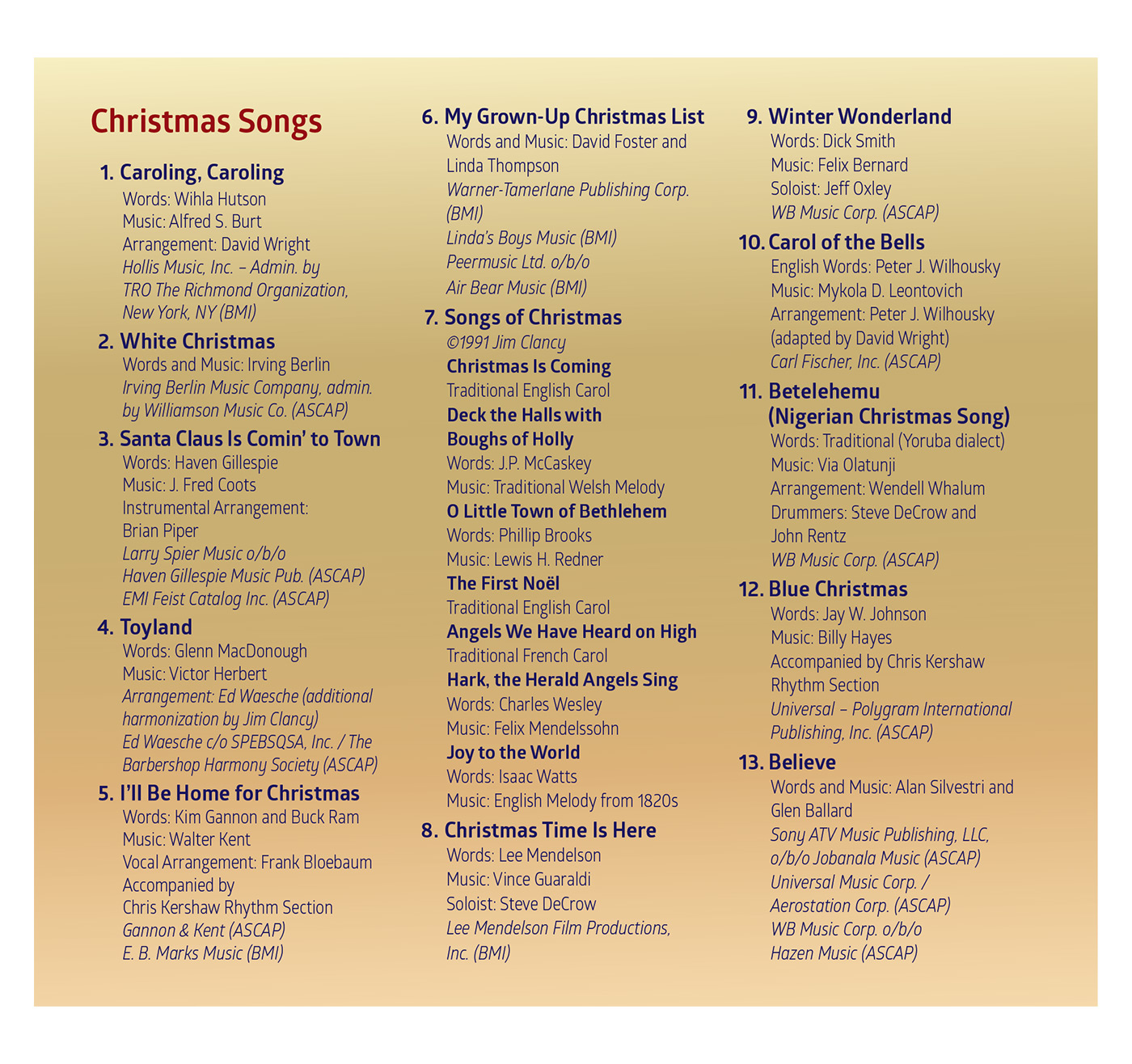 Song List CD 1: Comfort & Joy
