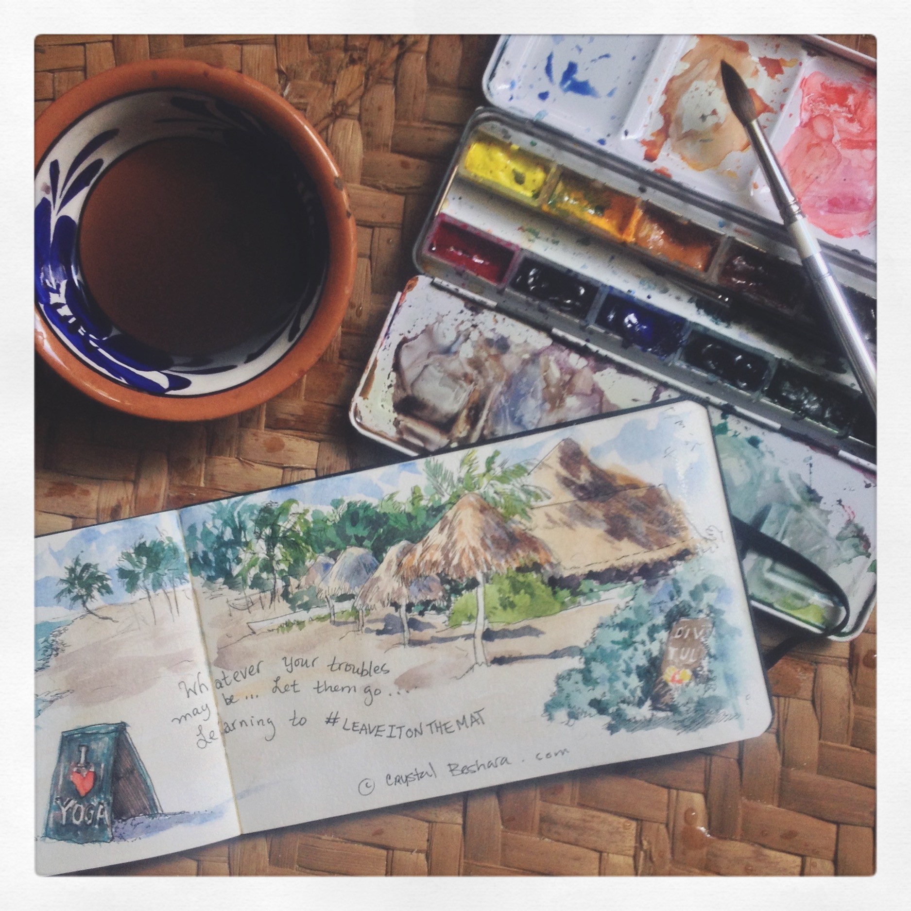 Watercolour illustration of the Yoga studio mural