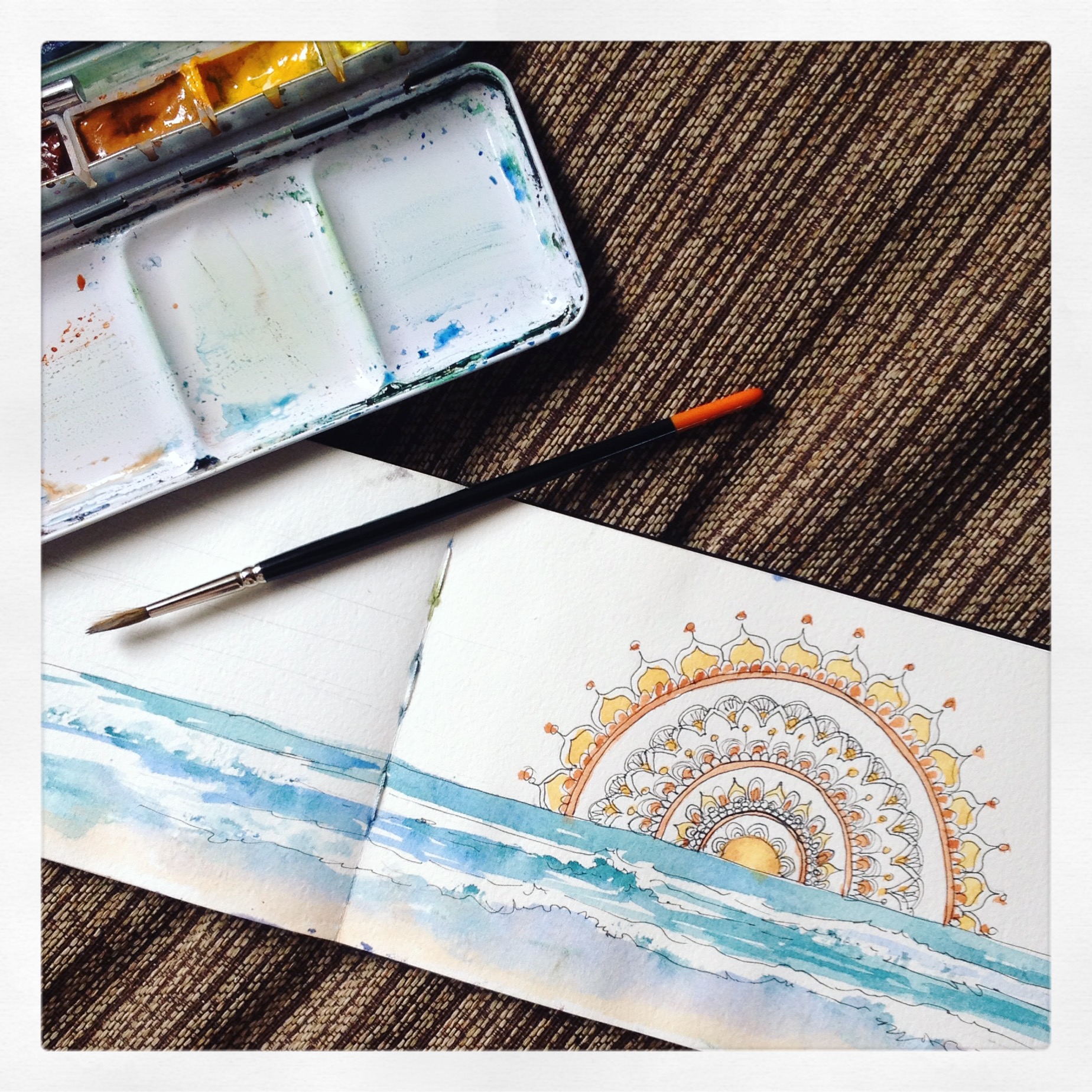 Watercolour Illustration our mural in the Yoga studio rising above our view of the water...