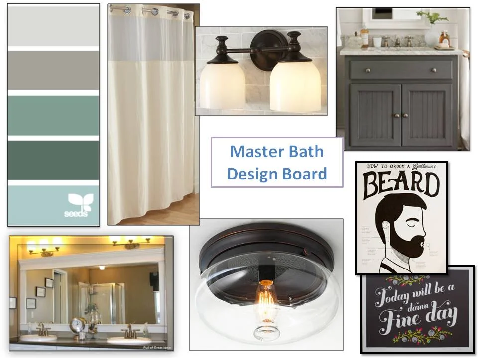 Sources: Ceiling Light from Shades of Light , Two-Sconce Mirror Light from Pottery Barn , Gentleman's Beard poster from Ello There , Today Will Be poster from Alisa Bobzien , Curtain from Bed Bath & Beyond