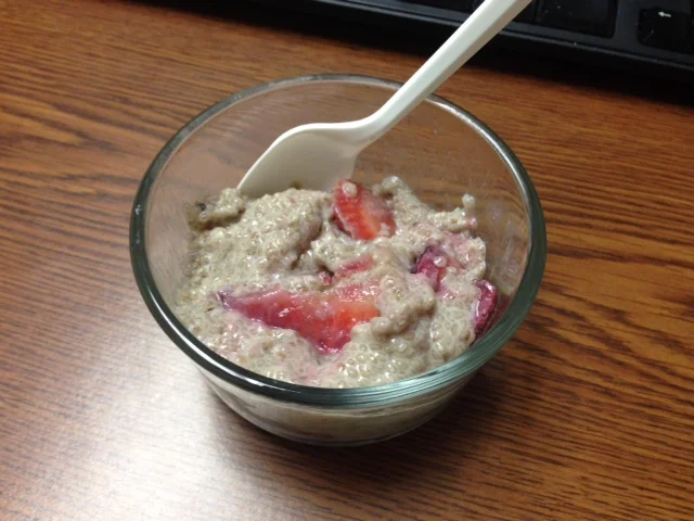 Our new favorite breakfast of Chia Pudding with fresh strawberries and raspberries (recipe to follow)