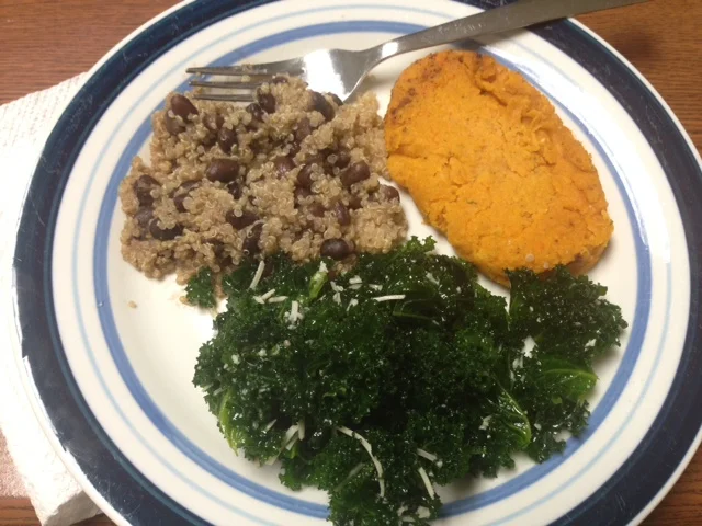 Brown Rice with low-sodium black beans, kale salad tossed in homemade olive oil-garlic-lemon dressing with freshly grated parmesan and a 3-oz sweet potato patty (recipe to follow)