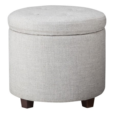 Round Tufted Storage Ottoman in Gray Textured Weave