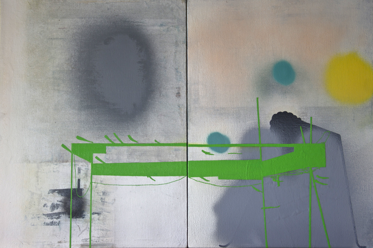 Green structure, oil and spray paint on linen; 20”x30"