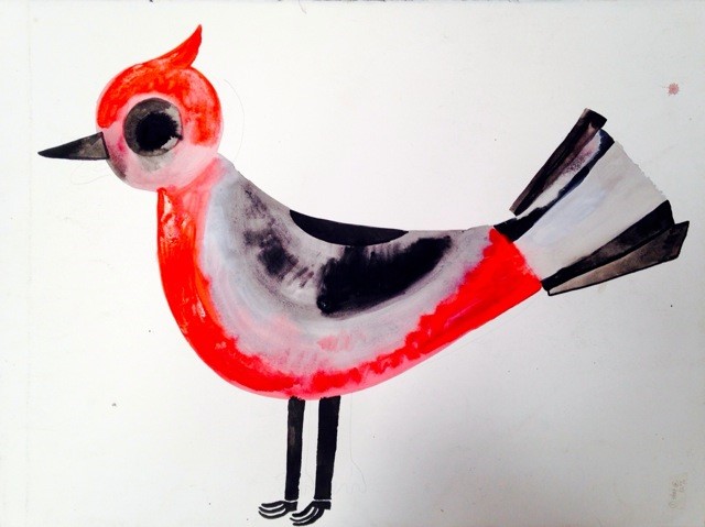 untitled (bird) 2015, flashe and acrylic and collage on paper, 22 x 30”  