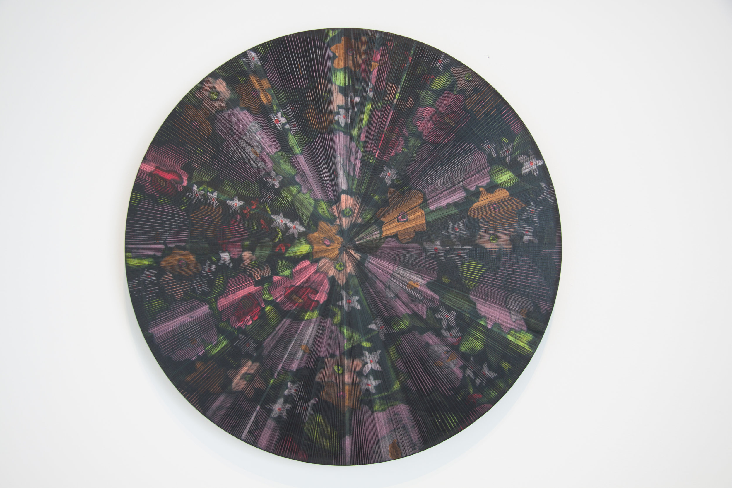 Kelly S. Williams, Bougainvillea, 2017, Acrylic and oil on wood, 18” diameter