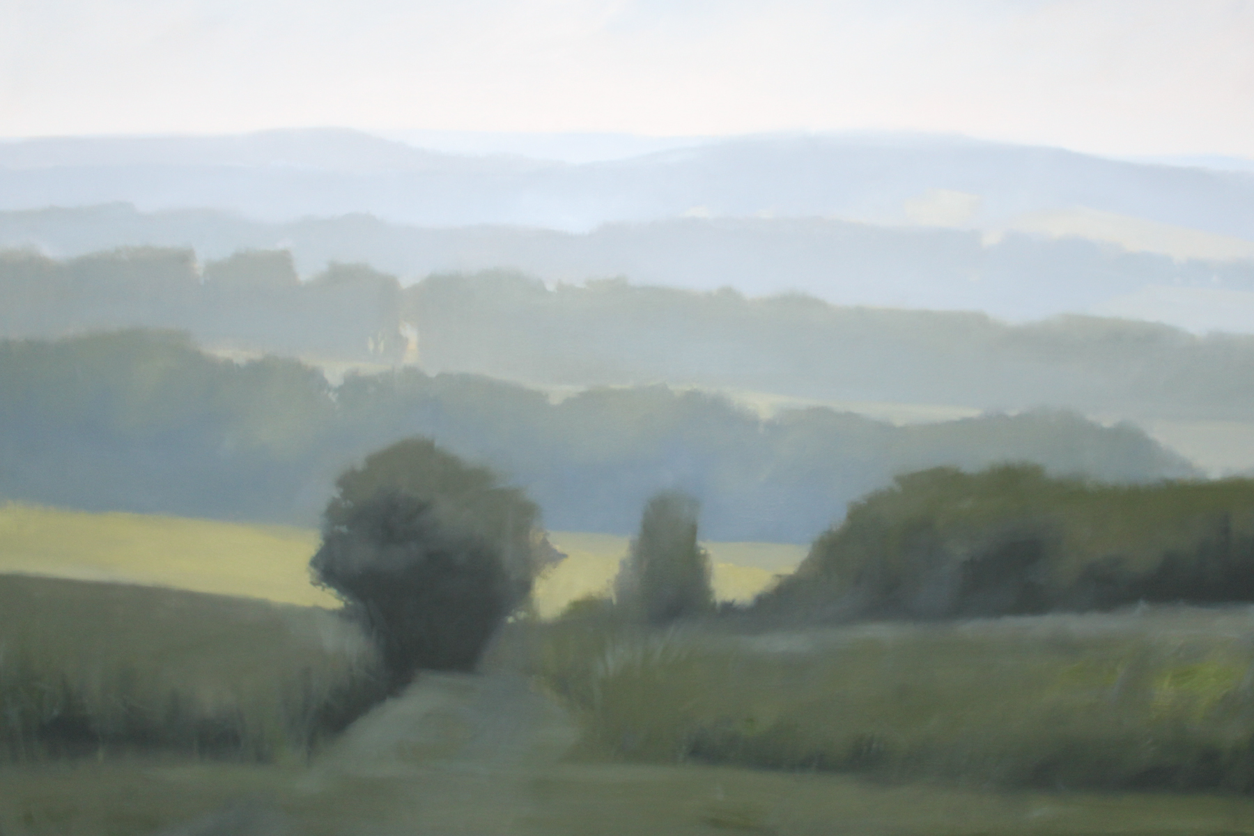 Hilltop View from Milky Way Farm, oil on canvas over panel, 48 x 72 x 2.5 in