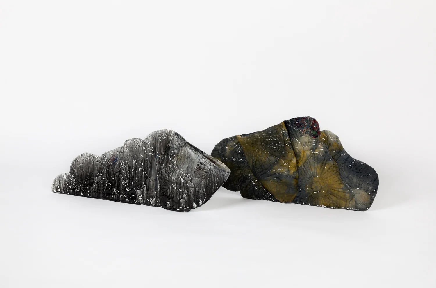 Black and White Quilt Vessel and Leaning Cloud Quilt Vessel, 12.25 x 31 x 2.5 inches each, antique quilt, fabric dye, acrylic paint, acrylic resin and thread, 2018