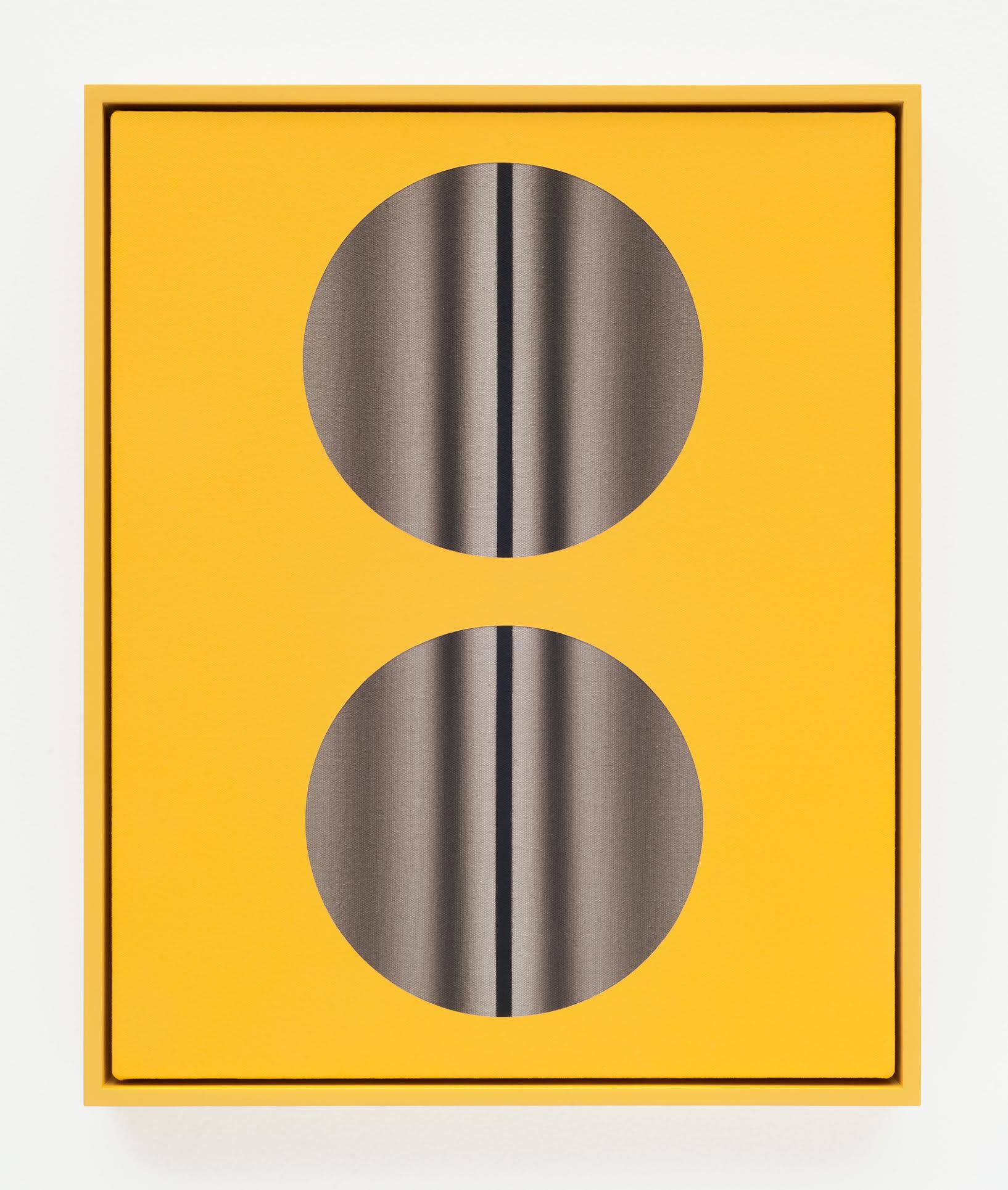 John Opera, Double Lens (yellow with lines), cyanotype, acrylic and flashe on canvas in lacquered artist frame, 21 x 17 inches