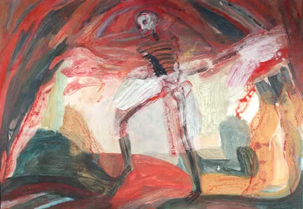 Raging Skeleton, mixed media on paper, 37”x25”, 2018