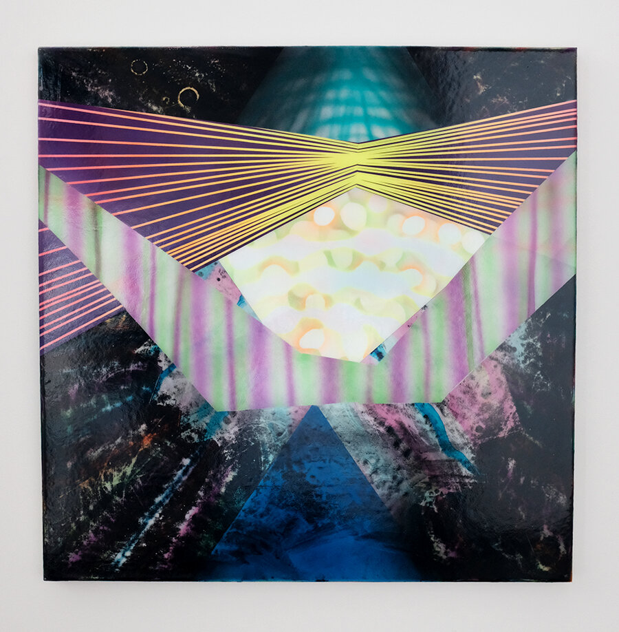 Cislunar Vibrations, 2019, acrylic and airbrush on canvas, 30" x 30"
