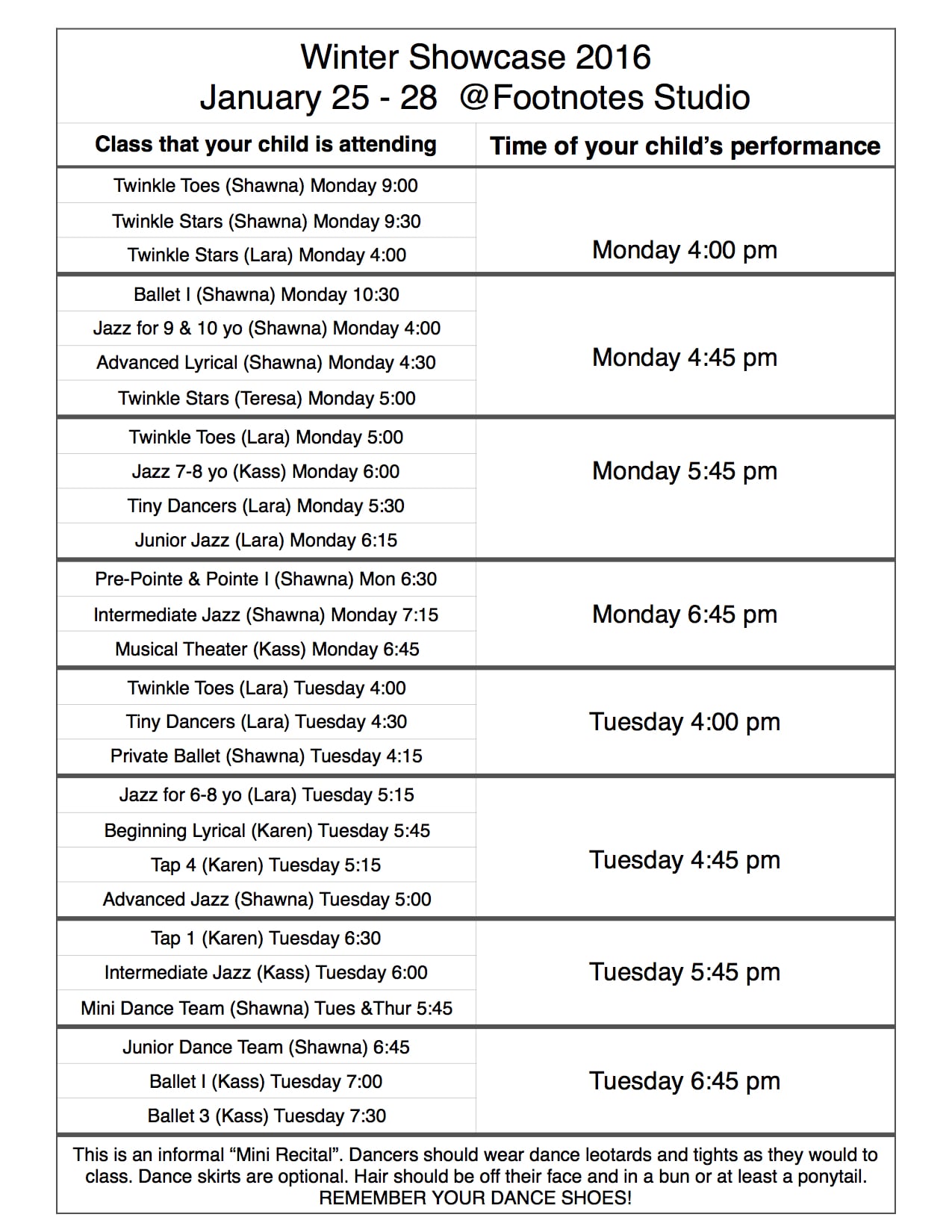 Monday and Tuesday Schedule