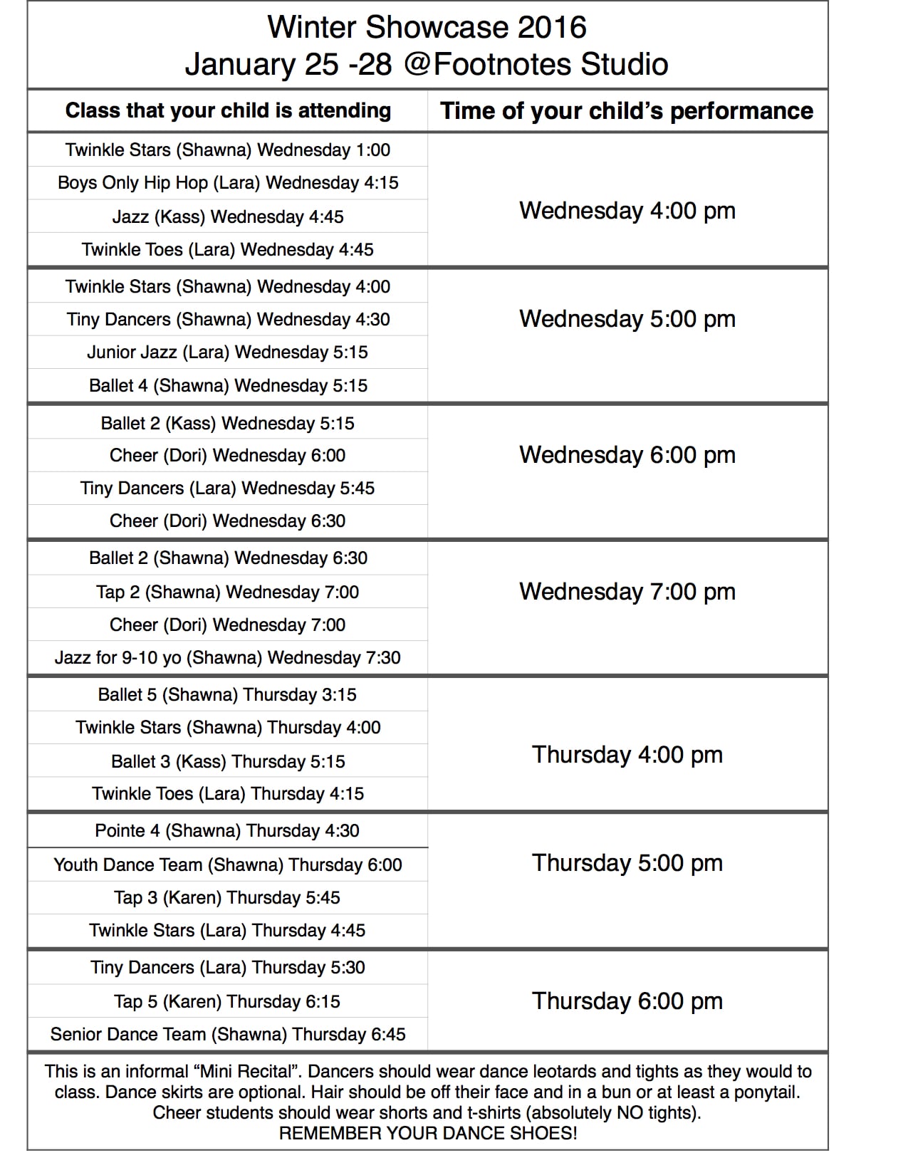 Wednesday and Thursday Schedule
