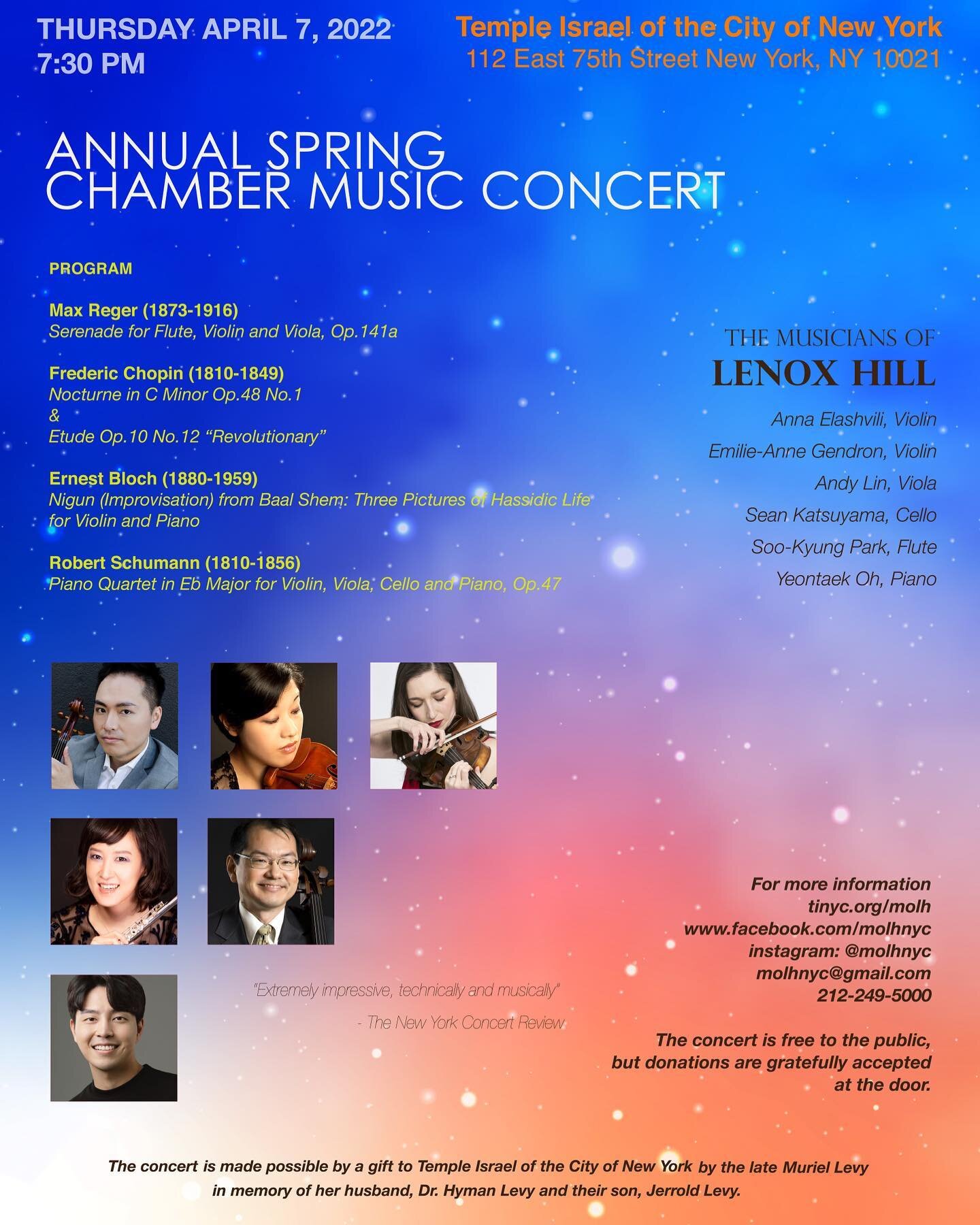 Lora Tchekoratova is very regretful she can not be part of this year's concert as she is recovering from a brief illness. We are delighted to welcome the wonderful pianist Yeontaek Oh, who has graciously agreed to perform.