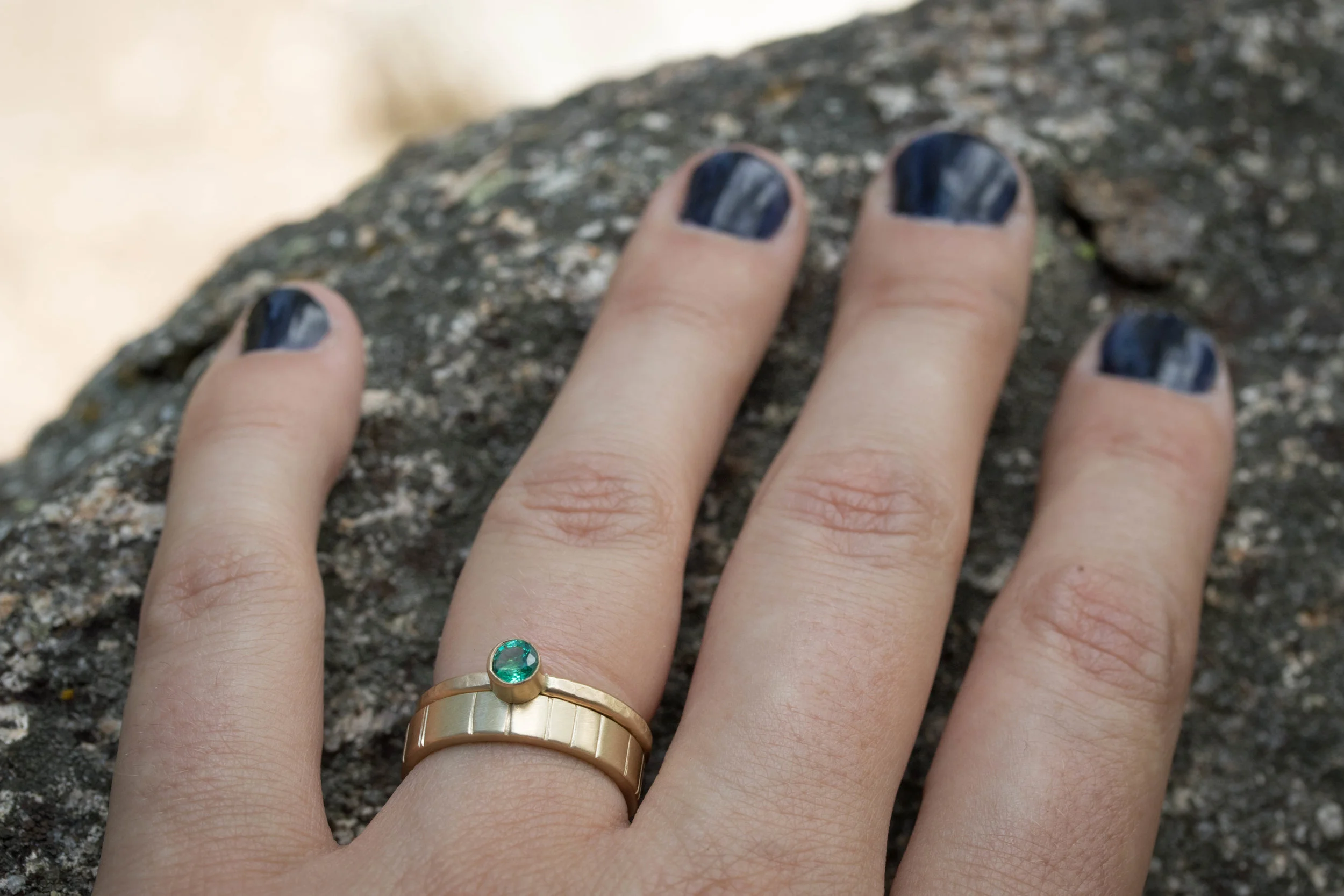The Granite Emerald and 4mm Breakwater rings