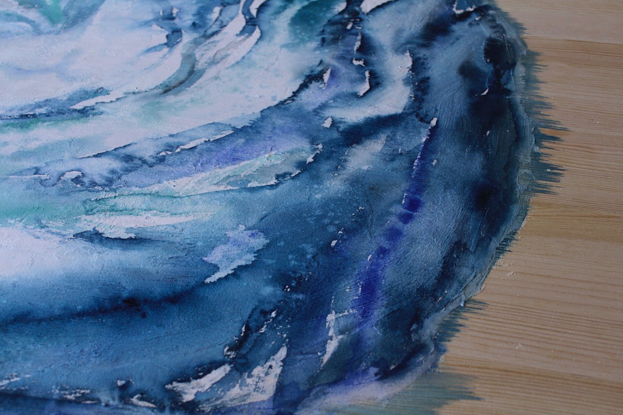 Maelstrom (detail), watercolor on wooden table, 2017