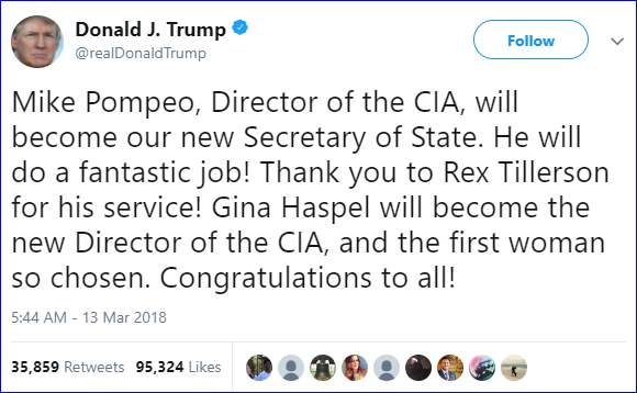 Am I Next? Trump fires Secretary of State Rex Tillerson by Tweet