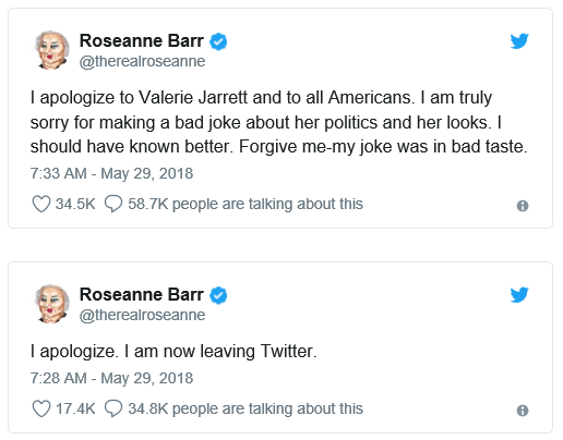 Roseanne Barr's Apology for Valerie Jarrett tweet.