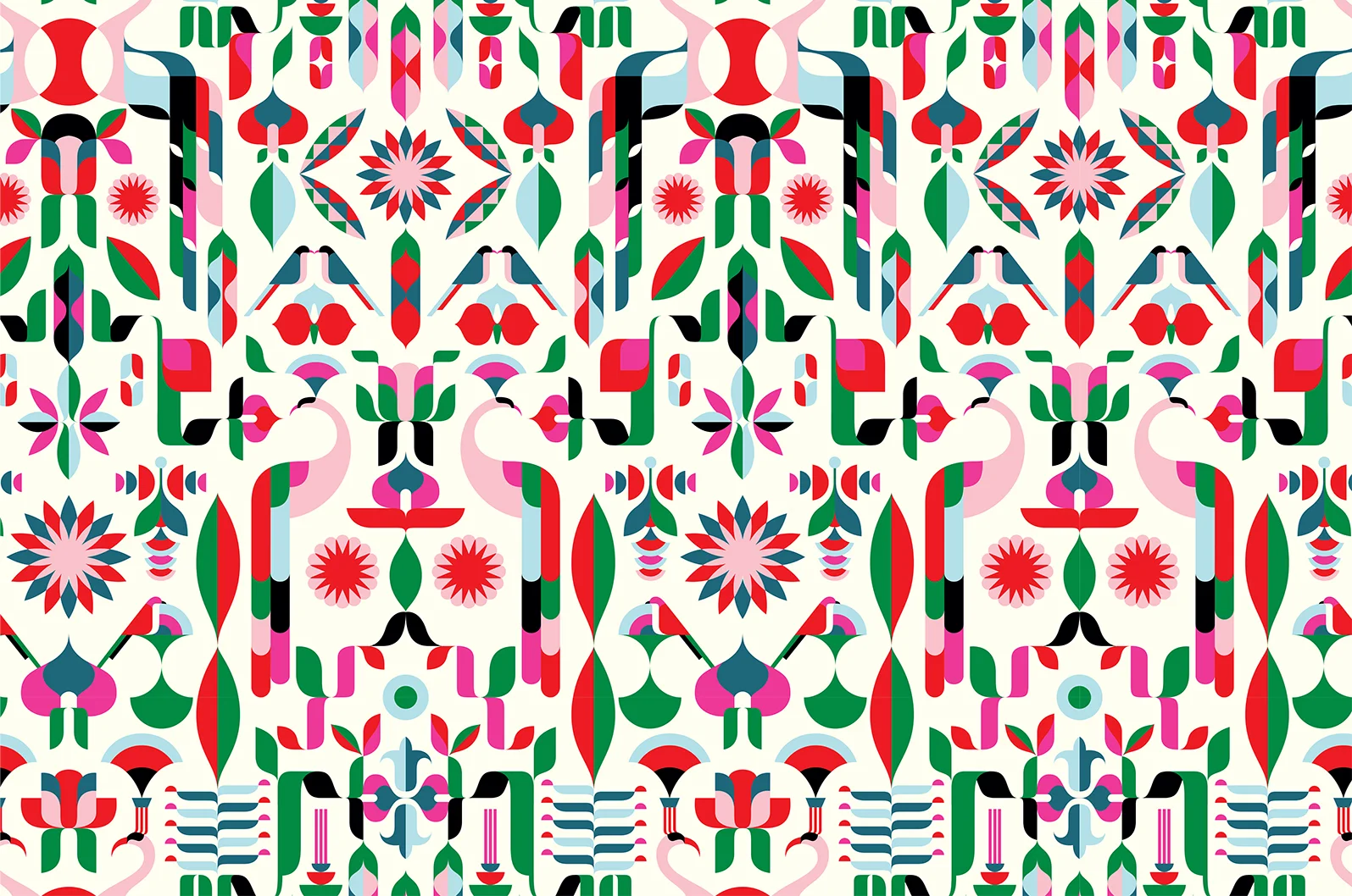 Malika Favre's Peacock Flower pattern is a bold, geometric interpretation of a floral theme. Malika took the form of a peacock as the basis for the colourful abstract pattern, inspired, she tells us, by the peacocks wandering in the grounds of the hotel she stayed at on a recent trip to the French Riviera.