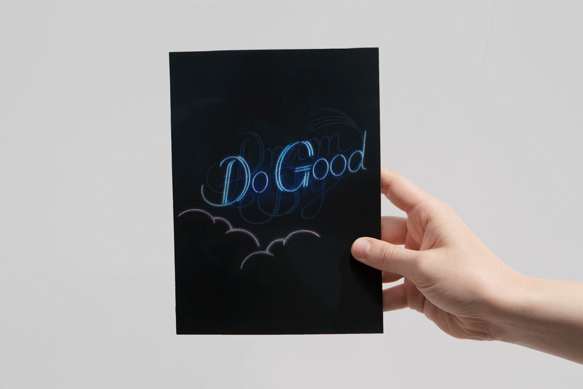 Lenticular invite flicks between "dream big" and "do good" – nice!