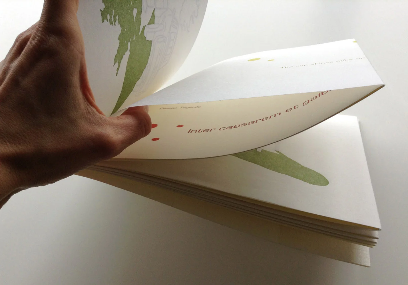 Gnomon , 2008, 7 in. x 9.5 in, stab-bound 'pouch' binding, letterpress printed using hand-set lead type and polymer plate images, 9 double-layered pages. Printed at Black Rock Press, University of Nevada at Reno. Edition of 19, 1 AP.