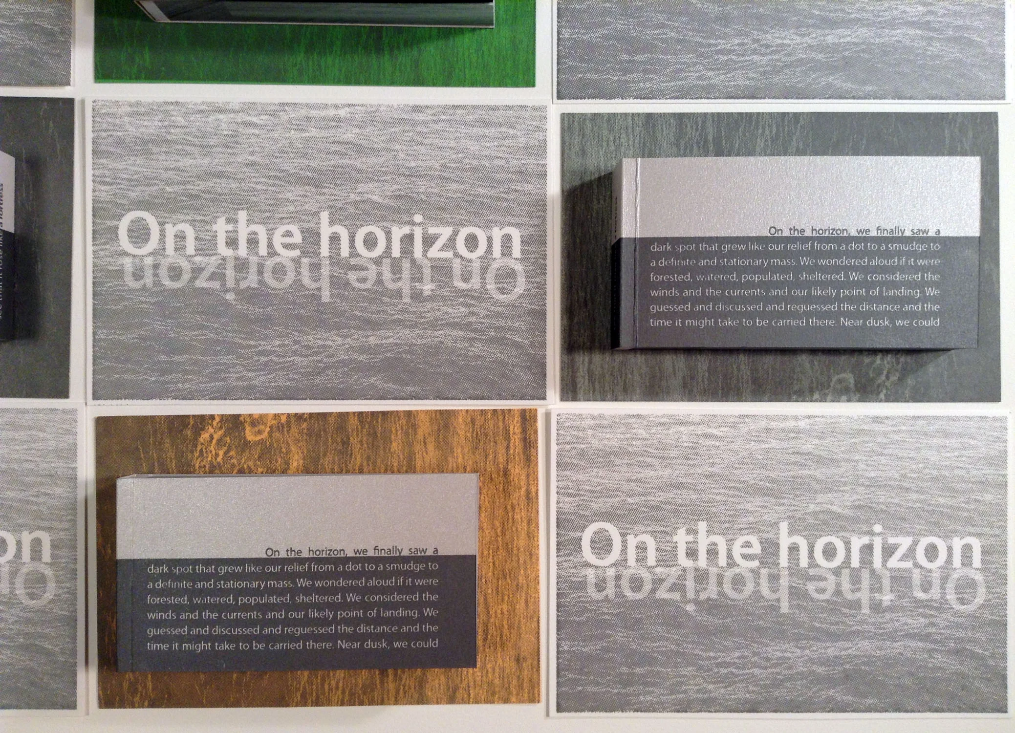 On the Horizon is a watery flipbook with a narrative of an indeterminate voyage that is told on the covers and spine. Interior is offset printed, covers are letterpress printed. Comes with two letterpress postcards. Two versions (Above and Below), each in an edition of 10. On the Horizon vimeo 