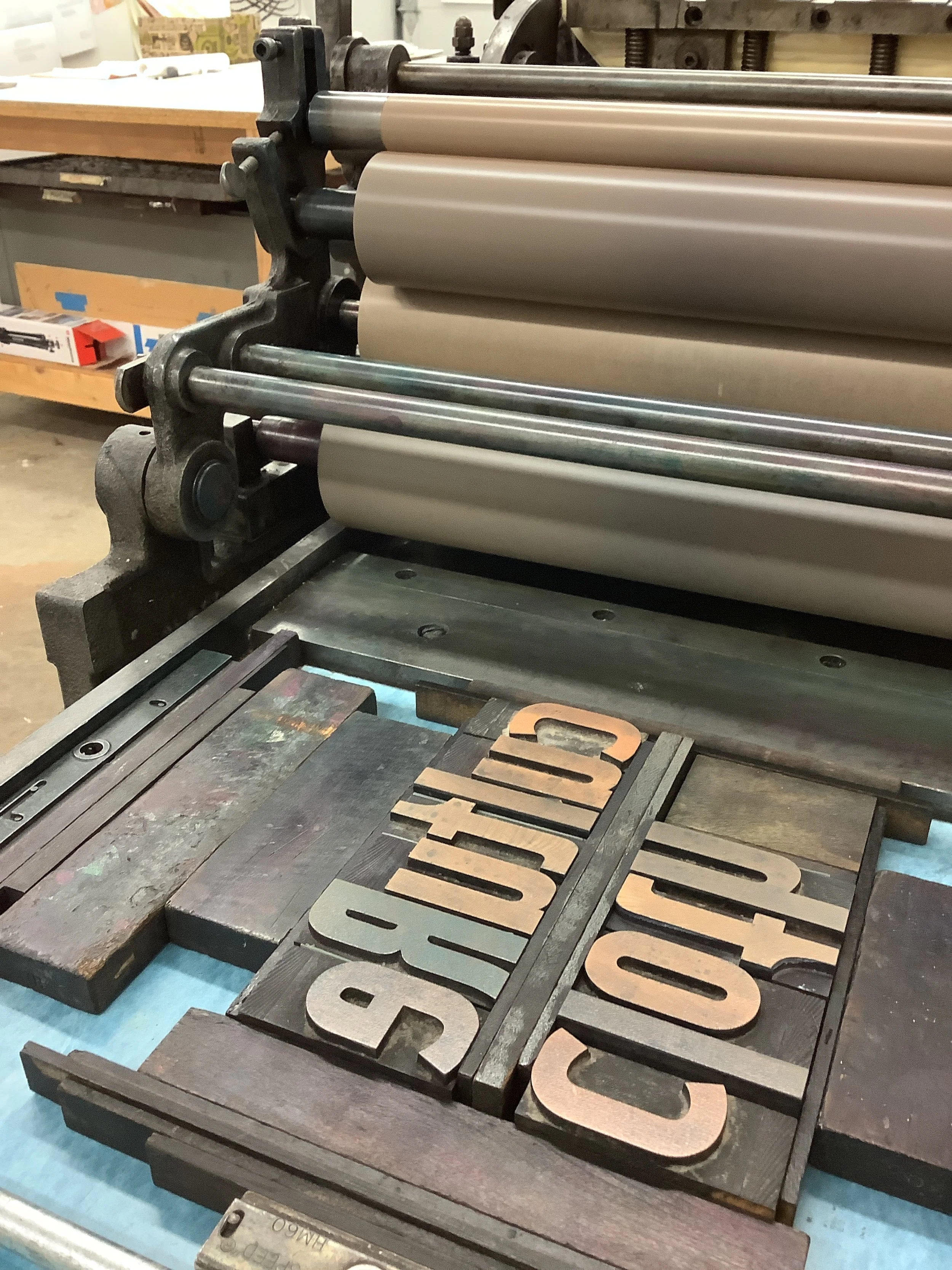  Woodtype printing of Cloth Culture Catalog cover, 2020, 4.5"x8".  