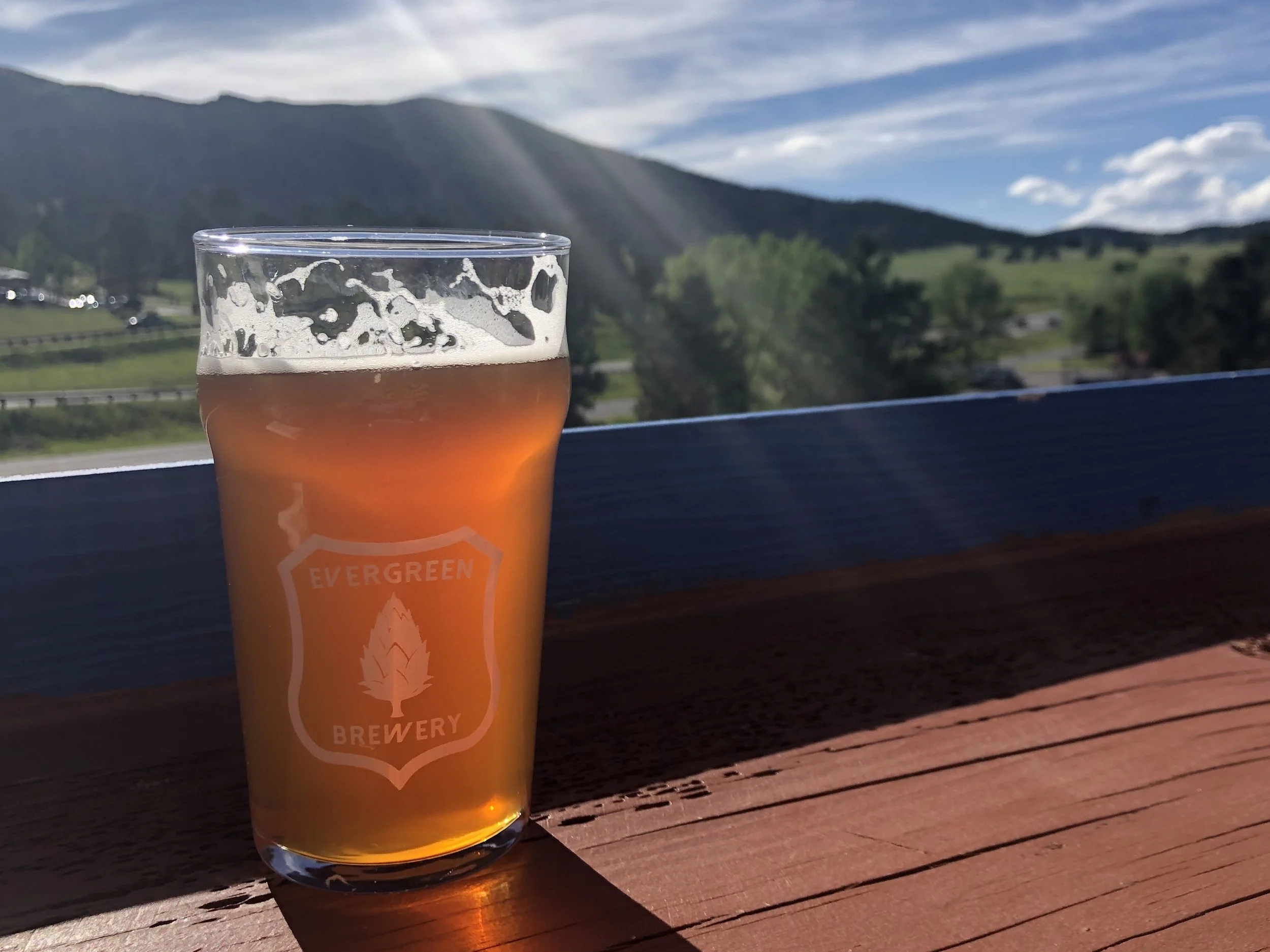 Spectacular views of Bergen Peak from Evergreen Brewery’s deck. ©Suzanne Brown 2019