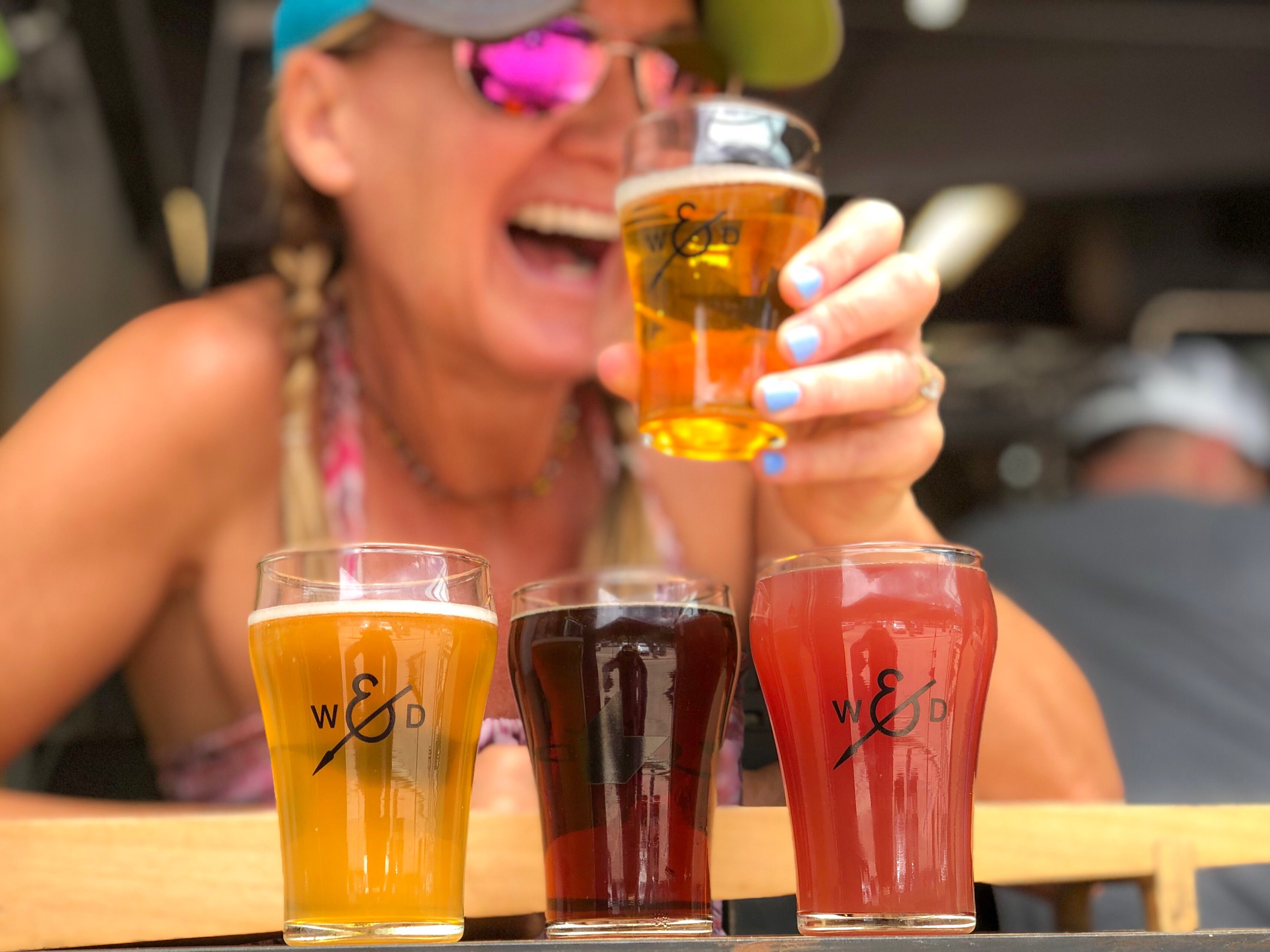 Beers out back overlooking Bridal Veil Falls and the water wheel. © Alexa Brown 2019