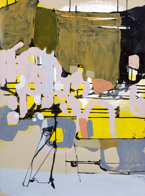 045 A Famous Dancer A famous dancer. In which a man in wheelchair tells the insightful story of his sudden collapse in a dance performance, many years earlier. 2014 Acryl, Tinte, Kohle und Pastell auf Papier 76 x 56 cm