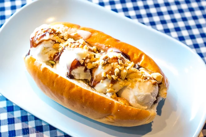 Like a reckless American kid's invention, this ice cream sandwich on a hot dog roll is a popular Thai street snack. 