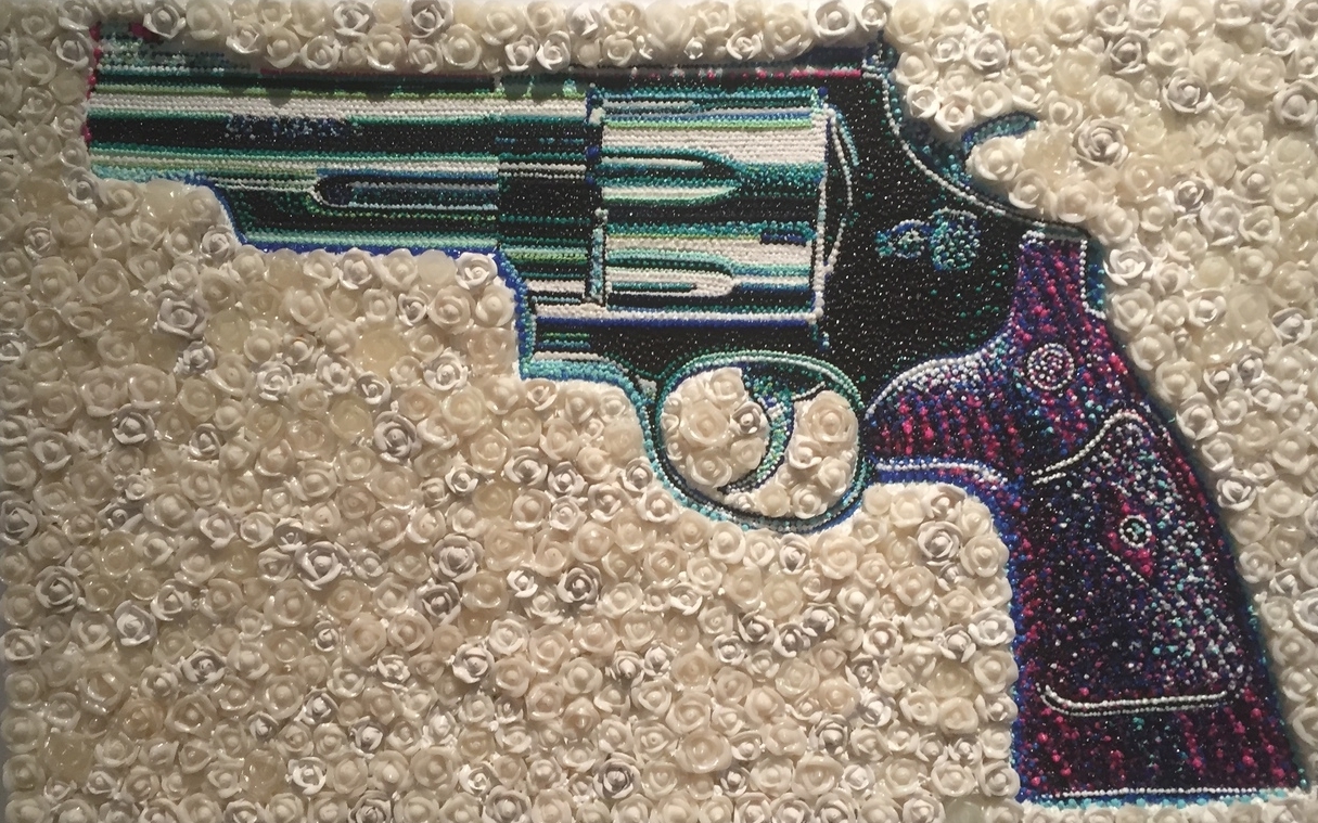   Lisa Alonzo (American)   The Gun in Roses 44 , 2014 Acrylic&nbsp;and molding past piped on panel    
