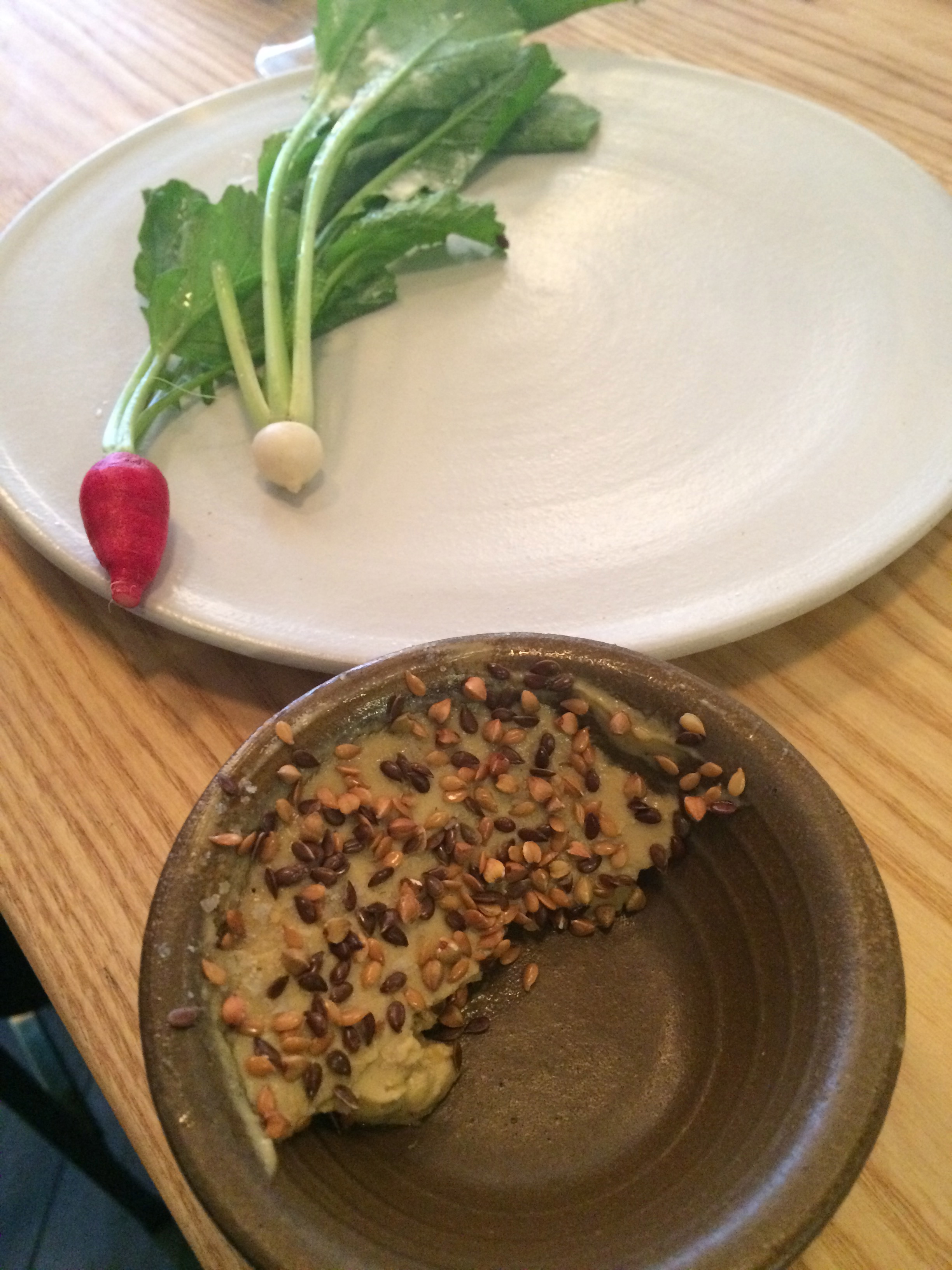 Foie gras is delightfully more delicate than expected in a hummus-like dip for radishes.