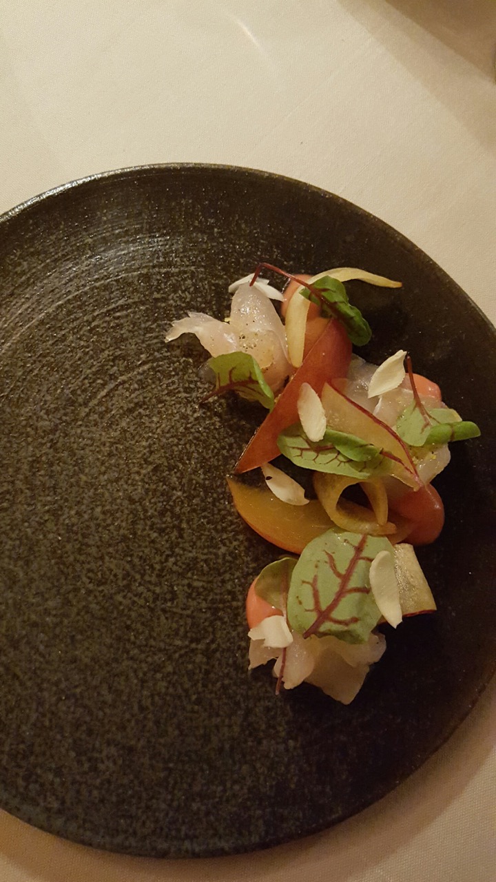 Cured snapper was refreshingly light and filled with summer flavor with fresh and pickled peaches and shaved almond. 