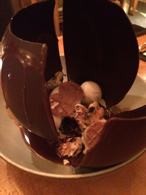 Chocolate Sundae with Mulled Spices, Creme Fraiche Ice Cream, and Caramel